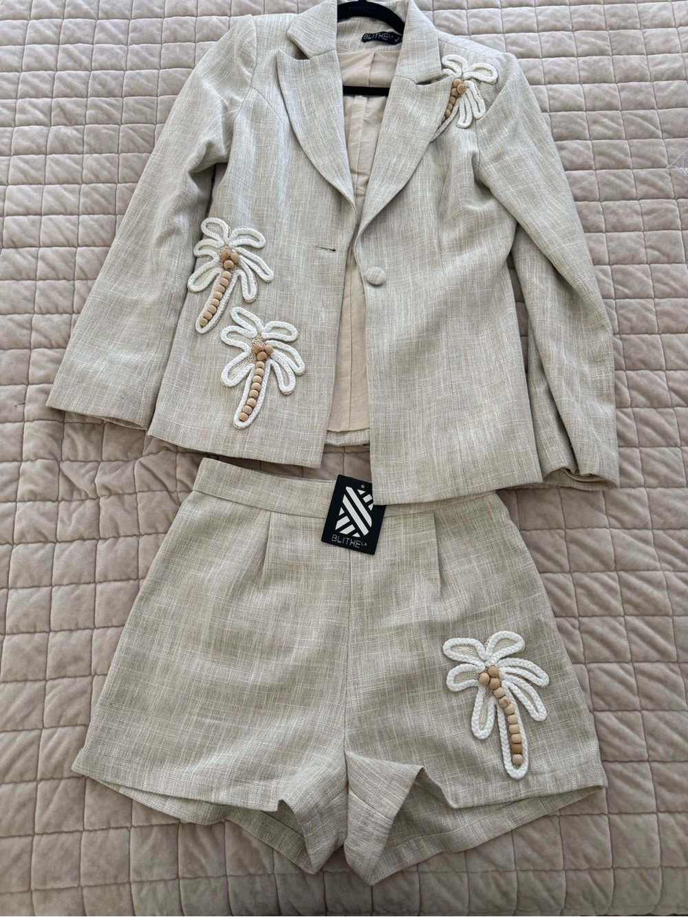 BLITHELA Beige Palm-Embroidered Linen-Blend Blazer & Shorts Set